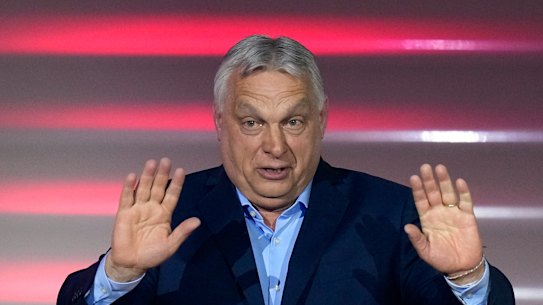 Ousted prime minister Viktor Orb&aacute;n addresses supporters after receiving the results of the election.