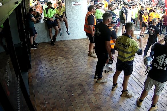 CFMEU workers gathering outside the Queensland Council of Unions office on Peel Street.