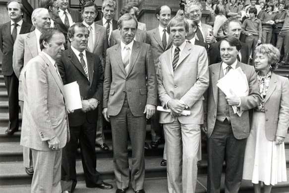The new cabinet with premier John Cain (front row, third from left) on the steps of Parliament House in 1982.