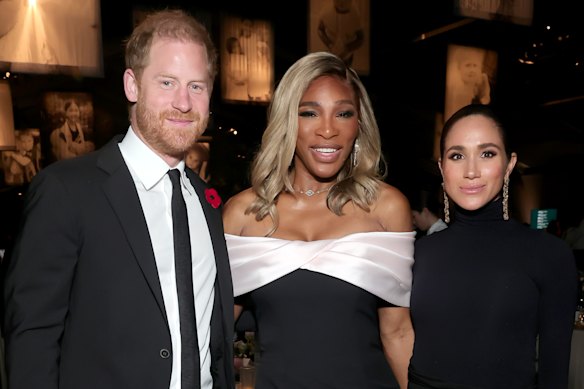Prince Harry and Meghan, the Duchess of Sussex, with Serena Williams at the Baby2Baby Gala before Kris Jenner’s 70th birthday.