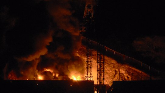 A fire burns at Fort Tiuna, Venezuela’s largest military complex, after a series of explosions in Caracas on Saturday.