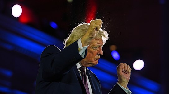 US President Donald Trump dances after speaking at the National Republican Congressional Committee’s annual fundraising dinner this week. 