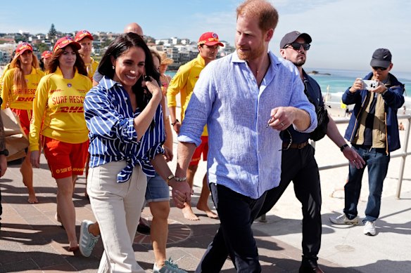 Meghan and Harry at Bondi Beach in April.