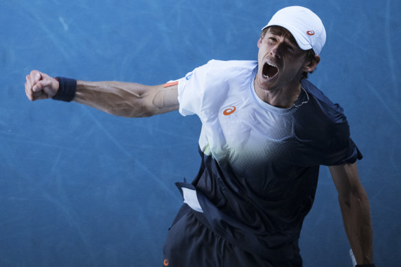 Alex de Minaur celebrates his third-round win over Francisco Cerundolo.