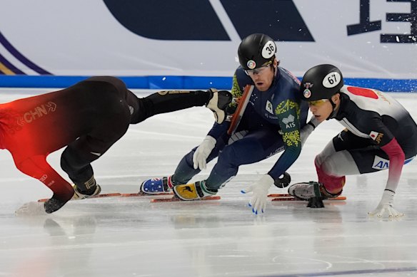 The blade of China’s Liu Shaoang inches towards Brendan Corey.
