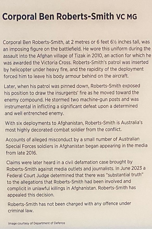 The text panel next to Roberts-Smith’s uniform as displayed this month.
