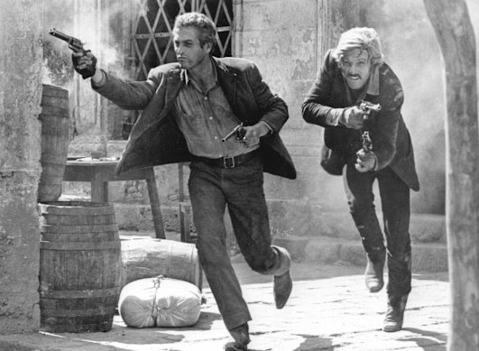 Paul Newman, as Butch Cassidy, and Robert Redford as the Sundance Kid, in the 1969 classic’s final shootout scene.