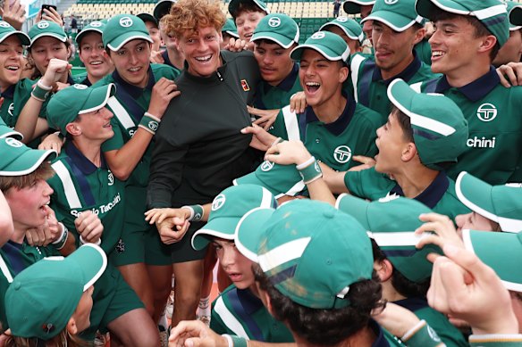 Jannik Sinner of Italy celebrates with ball girls and boys after victory against Carlos Alcaraz of Spain during the Men’s Singles Final during day eight of the Rolex Monte-Carlo Masters at Monte-Carlo Country Club on April 12, 2026 in Monte-Carlo, Monaco.