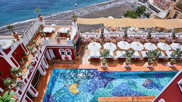 Le Sirenuse’s pool, beautifully reimagined by Swiss visual artist Nicolas Party.