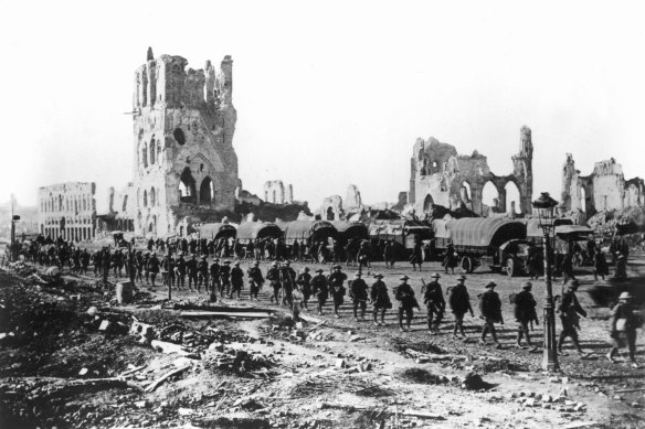 Australian troops on their way to positons at Ypres in Belgium, October 1917.