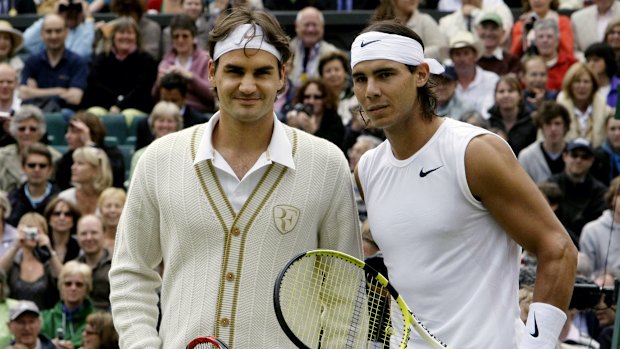 Roger Federer with Rafael Nadal before the Wimbledon men’s singles final in 2008.