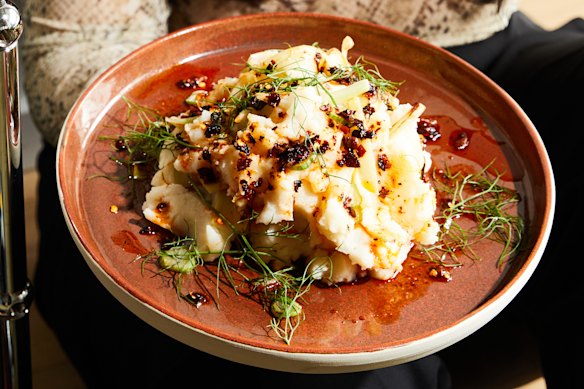 Spicy stir-fried mashed potato and fennel is loosely based on colcannon.