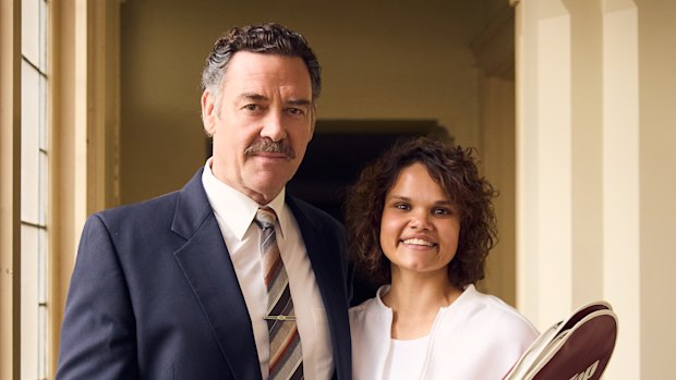 Marton Csokas as coach Vic Edwards and Lila McGuire as Evonne Goolagong on the set of the ABC TV miniseries Goolagong.