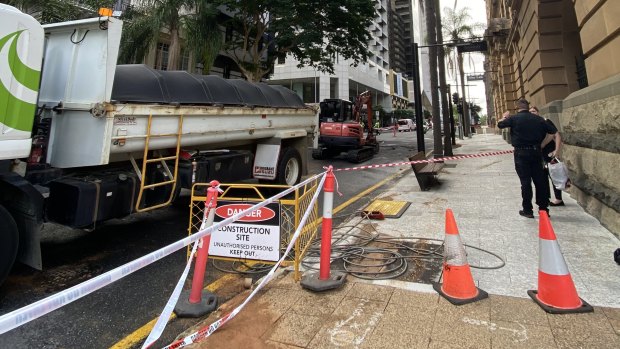 Roadwork closes George Street in the Brisbane CBD.