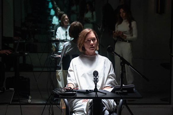 The shadowy Sinatra with her personal shrink, Gabriela Torabi (Sarah Shahi), in the background.