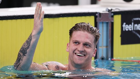 Sam Williamson after winning the men’s 100m breaststroke on the opening night of Australia’s swimming trials in Sydney.