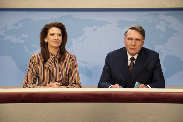 The original News at Six newsreaders, Helen Norville (Anna Torv) and Geoff Walters (Robert Taylor), in The Newsreader.