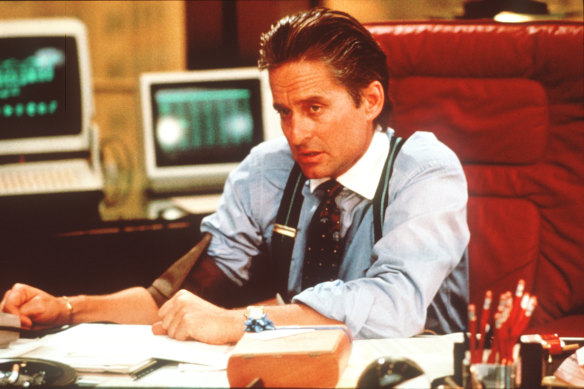 Actor Michael Douglas as Gordon Gekko, the fictional character from the Hollywood movie Wall Street who made famous the phrase “greed is good”.