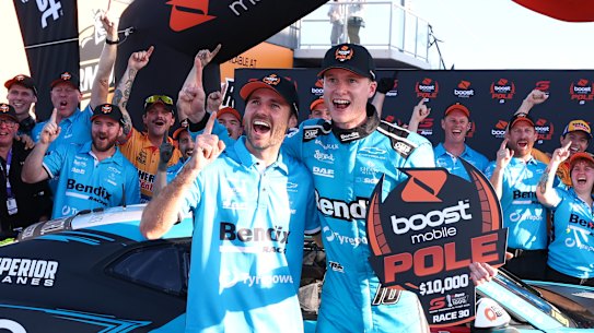 Zac Bates and co-driver Aaron Seton celebrate taking poll position.