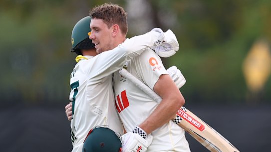 Cameron Green celebrates his century against Bangladesh in the first Test in Darwin.