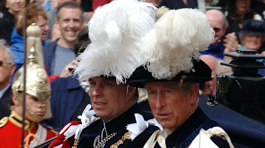 Prince Charles, Prince of Wales and Prince Andrew, Duke of York leave in an open carriage following the annual Order of the Garter Ceremony at St. George’s Chapel, Windsor Castle on June, 18, 2007. (Photo by Anwar Hussein/FilmMagic) SMH NEWS.