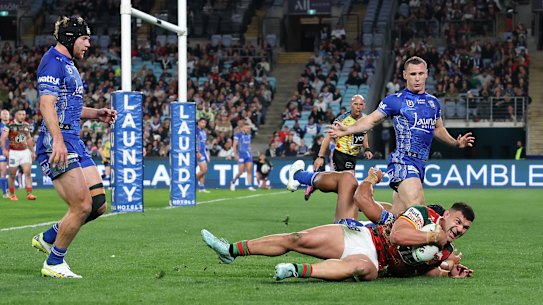 David Fifita scores against Canterbury.