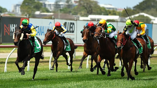 Upwardly Mobile (left) storms home at Newcastle recently.