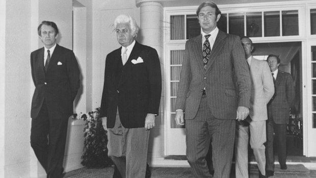  Prime minister Malcolm Fraser, Sir John Kerr, and Fraser’s deputy, Doug Anthony, after the swearing in of the caretaker government.