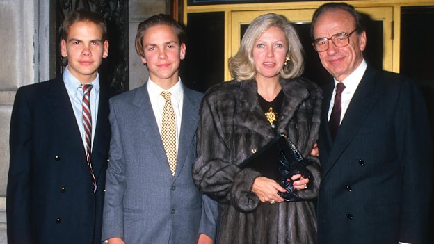 (From left) Lachlan, James, Anna and Rupert Murdoch at the Art and Antique Show at Sotheby’s in New York City in 1987.