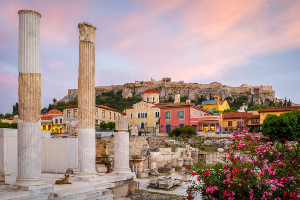 Remains of Hadrian’s Library and Acropolis in the old town of Athens, Greece. 