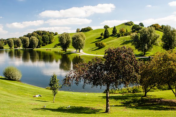 Munich’s 1972 Olympic site is dominated by luxuriantly green public park lands.