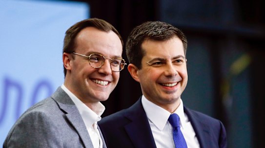 Then-mayor and US presidential candidate Pete Buttigieg, right, and his husband Chasten Buttigieg in 2020. 