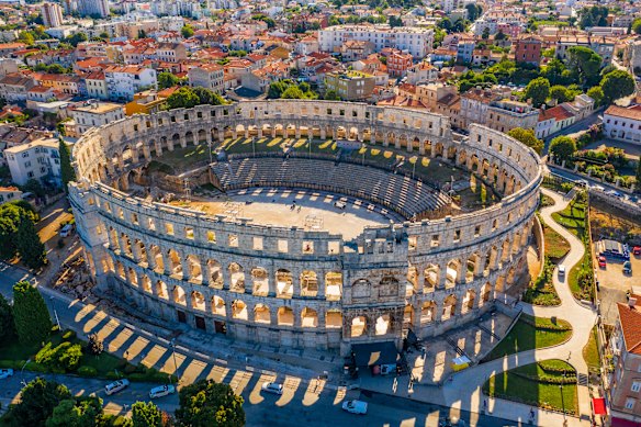 An aerial view of Croatia’s remarkably well-preserved amphitheatre in Pula.