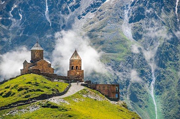 The majestic Gergeti Trinity Church in Georgia’s Caucasus Mountains.