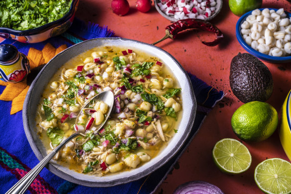 Pozole – based connected  a broth made with pork oregon  chickenhearted  bones, positive  blended chillies.