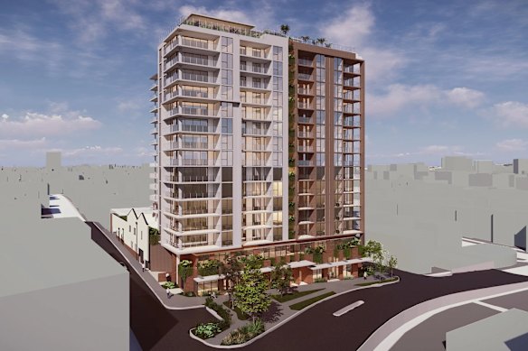 A digital render of the planned 33 Vulture Street apartment tower in West End. 