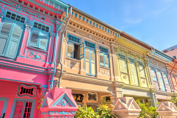 Clean and beautifully preserved candy-coloured Peranakan houses.