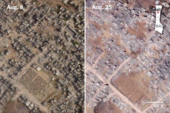 Satellite photos show Zeitoun, a neighbourhood in Gaza City. Much was still standing on August 8, left, but just three weeks later, on August 25, the area turned into a wasteland.