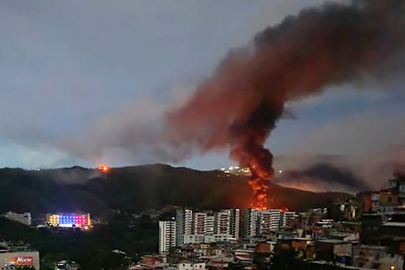 A fire at Fort Tiuna, Venezuela&rsquo;s largest military complex, after US strikes in the capital, Caracas, in January.