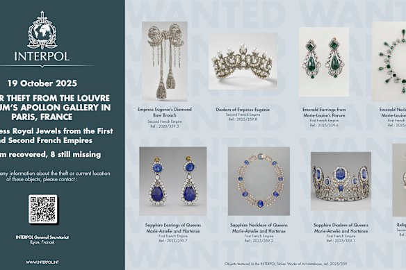 Interpol has issued images of the stolen jewellery. 