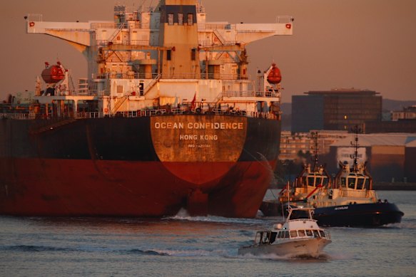 A bulk carrier departs Newcastle Harbour, the world’s largest coal export port, in 2024.
