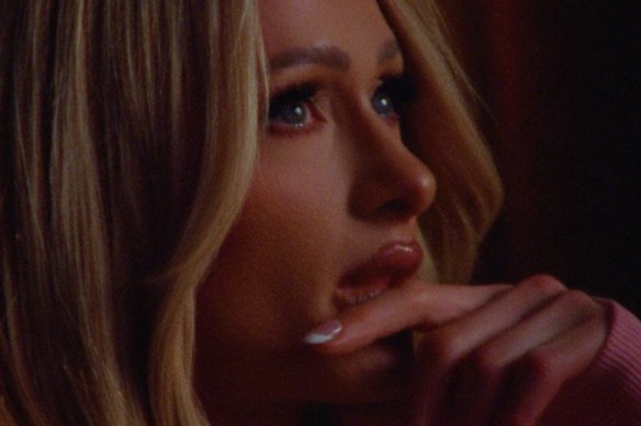 Paris Hilton gets emotional during a scene from the documentary.