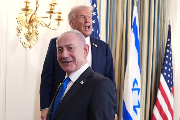 US President Donald Trump speaks during a news conference with Israeli Prime Minister Benjamin Netanyahu in the White House on Monday.