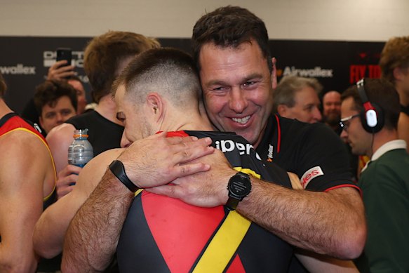 Pumped: Dean Solomon with Zach Merrett.