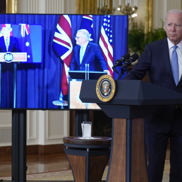 Talking AUKUS: US President Joe Biden virtually alongside British Prime Minister Boris Johnson and Prime Minister Scott Morrison in the East Room of the White House.