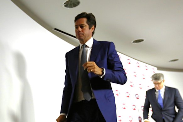 Then-AFL chief executive Gillon McLachlan and then-chairman Mike Fitzpatrick on the day the bans came down.