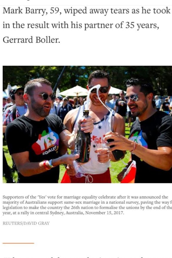 Stephen Brook (centre) captured by Reuters photographer David Gray celebrating the marriage equality yes vote.