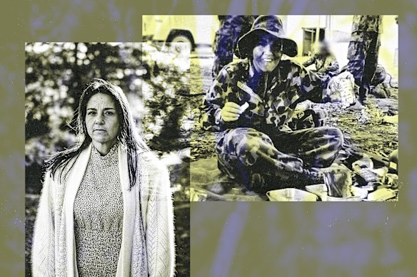 Julia Delaforce (left) and during her time in the military.