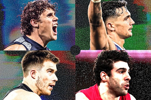  (clockwise from top left) Carlton’s Charlie Curnow, the Western Bulldogs’ Jamarra Ugle-Hagan, Melbourne’s Christian Petracca and Essendon captain Zach Merrett all featured in a frantic trade period.