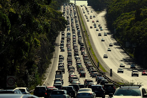Holiday traffic heading north out of Sydney on the Pacific Highway in April.